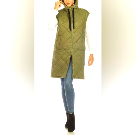 Diamond Quilted Hooded Long Puffer Vest Jacket - Olive - Picture 4 of 7